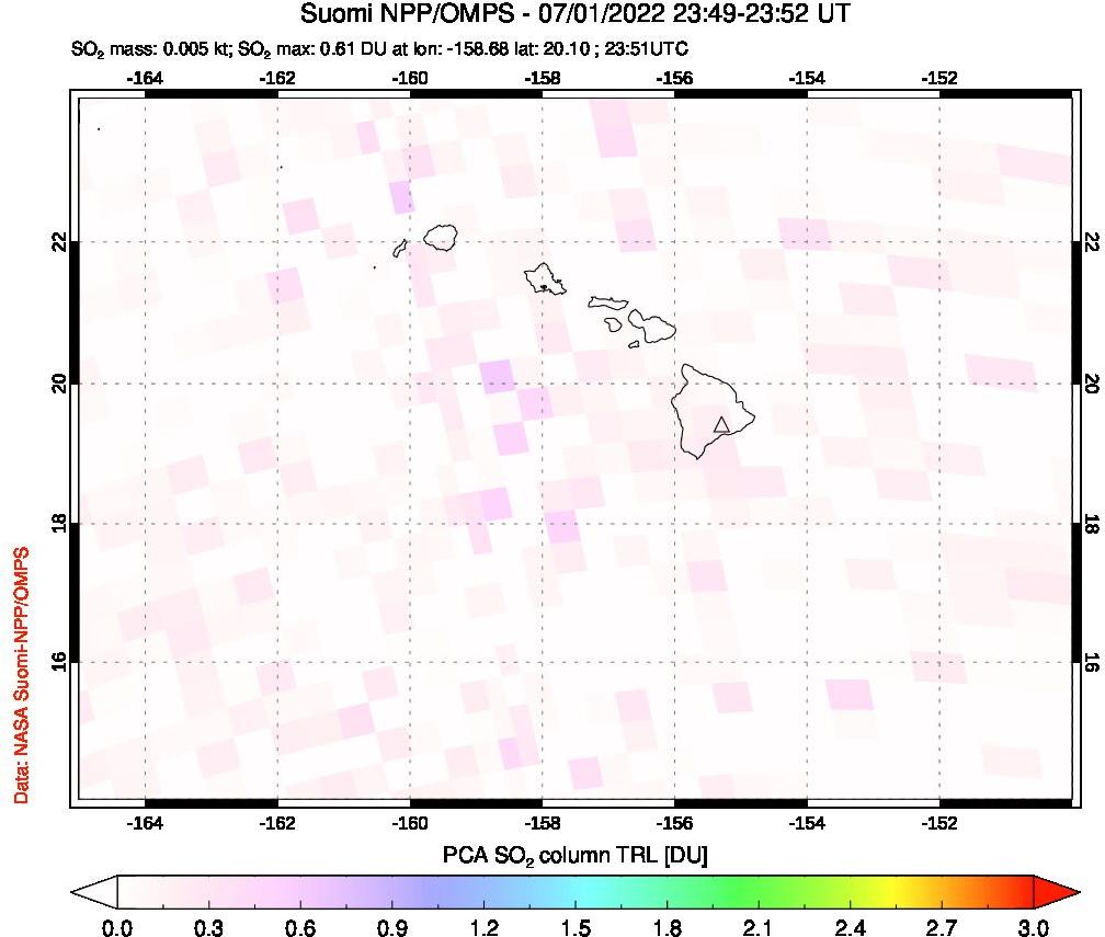 A sulfur dioxide image over Hawaii, USA on Jul 01, 2022.