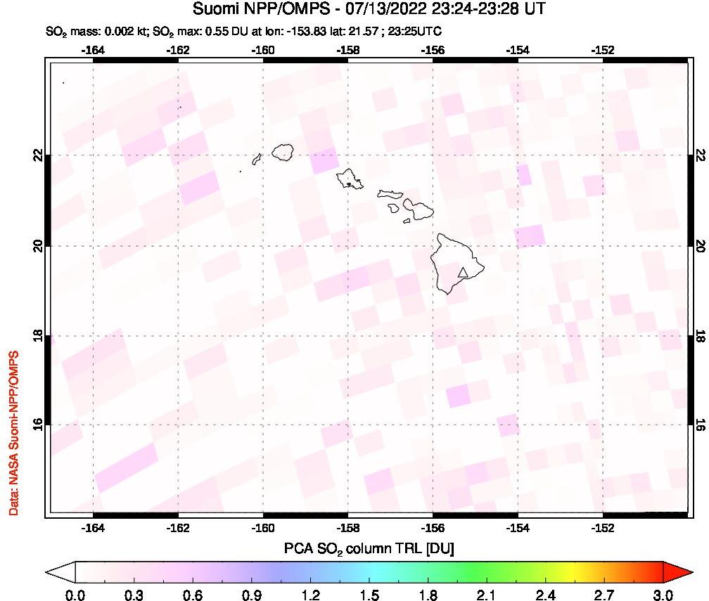 A sulfur dioxide image over Hawaii, USA on Jul 13, 2022.