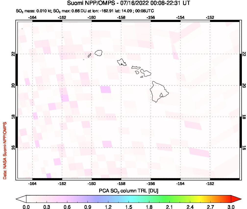 A sulfur dioxide image over Hawaii, USA on Jul 16, 2022.