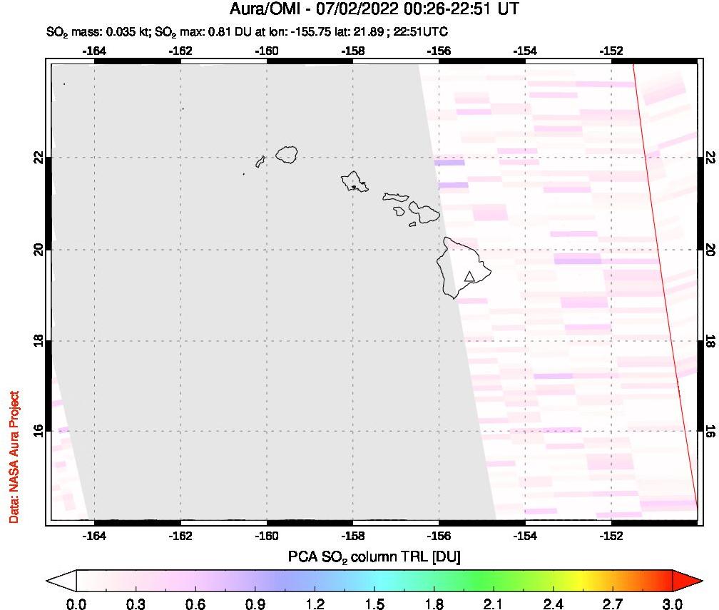 A sulfur dioxide image over Hawaii, USA on Jul 02, 2022.