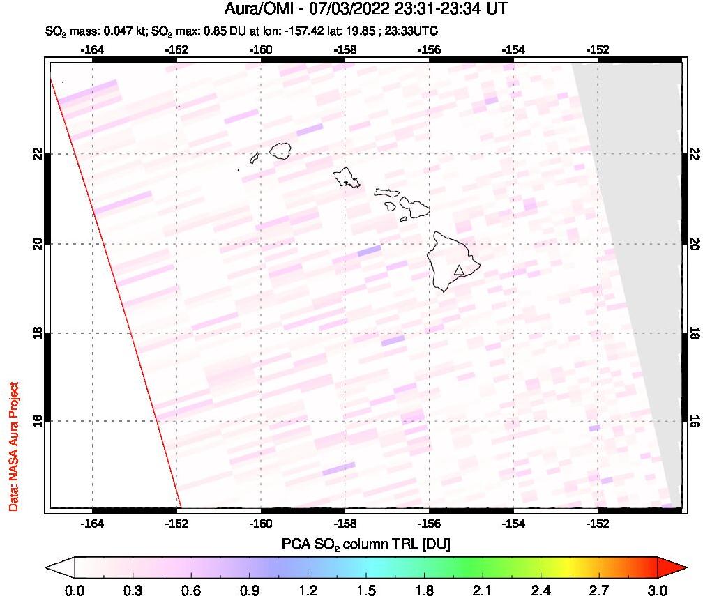 A sulfur dioxide image over Hawaii, USA on Jul 03, 2022.
