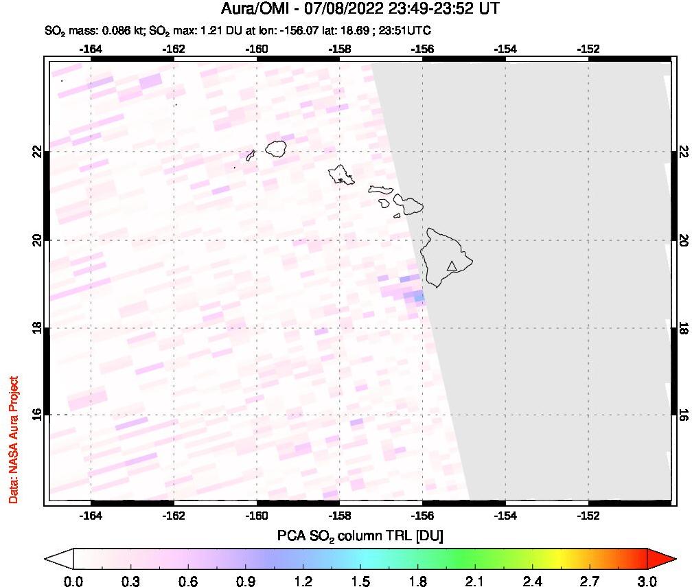 A sulfur dioxide image over Hawaii, USA on Jul 08, 2022.