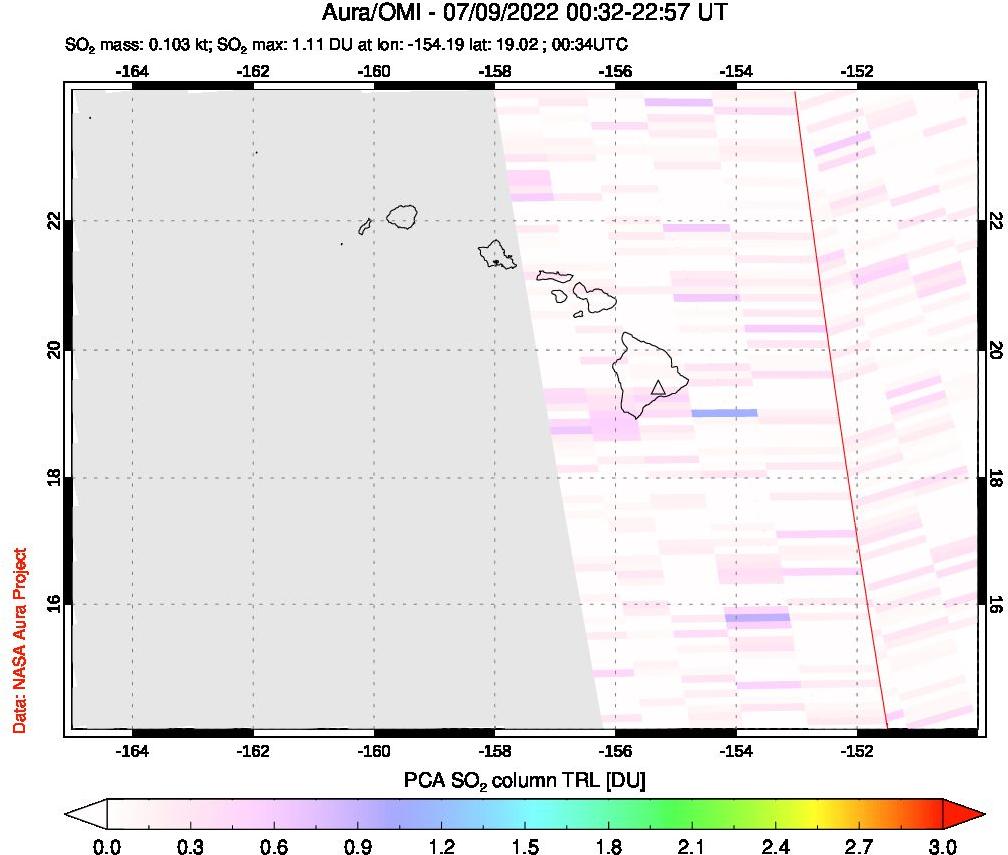 A sulfur dioxide image over Hawaii, USA on Jul 09, 2022.