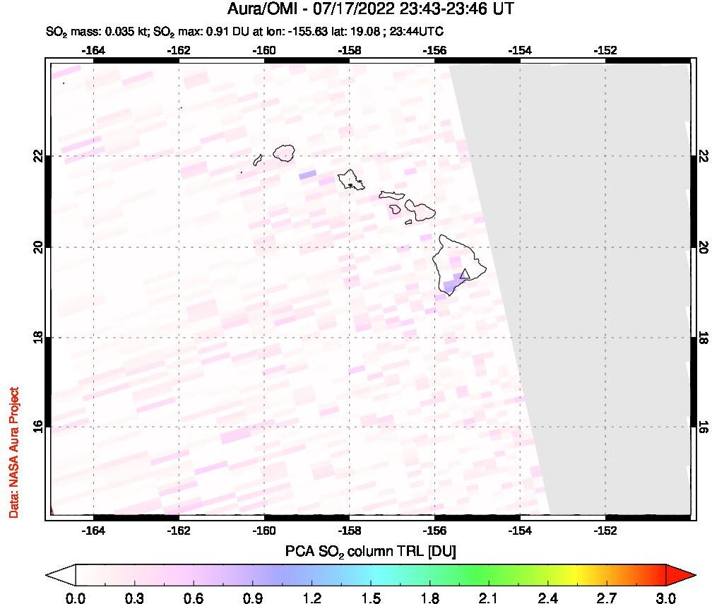 A sulfur dioxide image over Hawaii, USA on Jul 17, 2022.