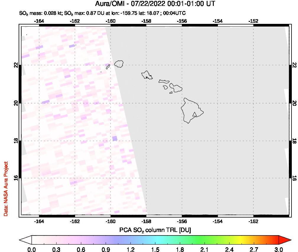 A sulfur dioxide image over Hawaii, USA on Jul 22, 2022.