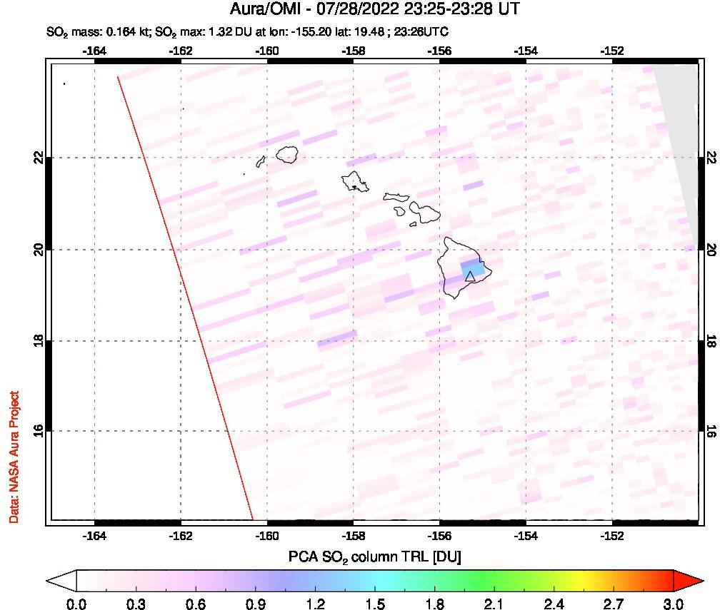A sulfur dioxide image over Hawaii, USA on Jul 28, 2022.