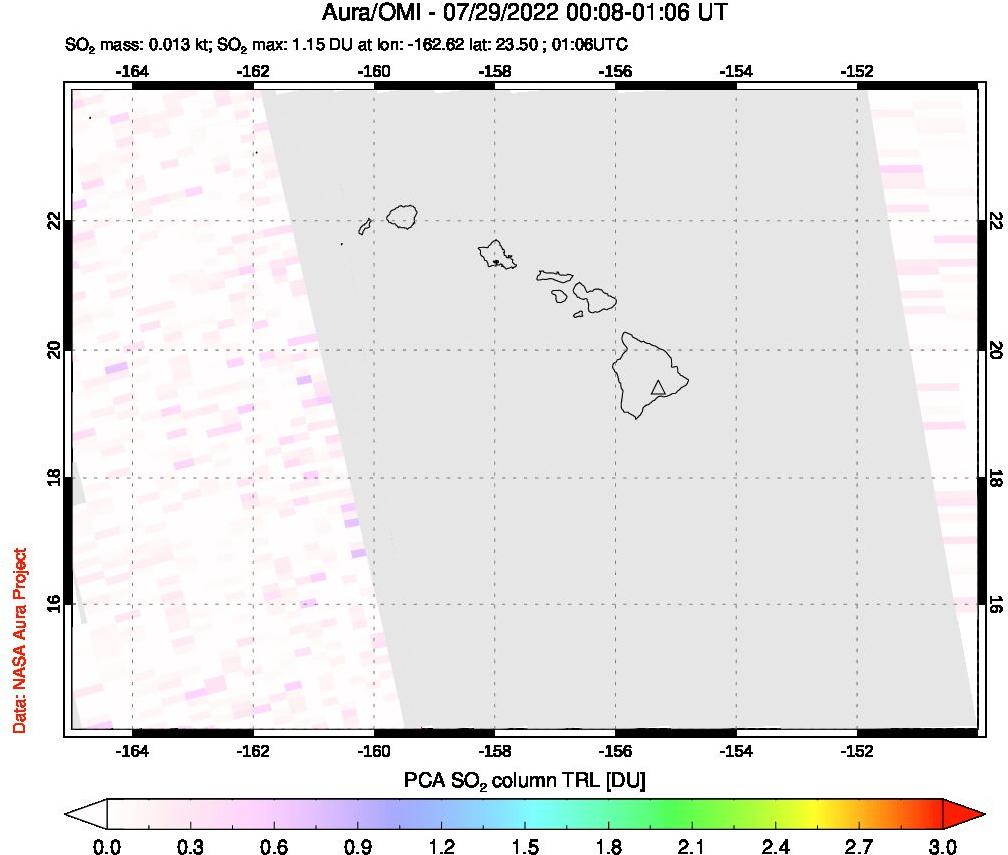 A sulfur dioxide image over Hawaii, USA on Jul 29, 2022.