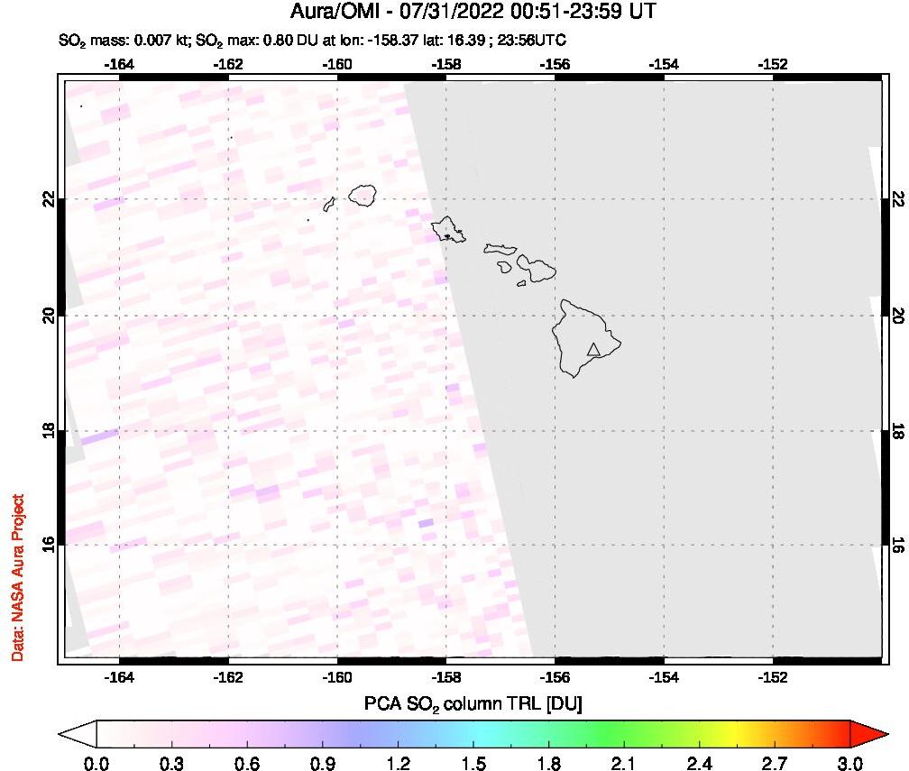 A sulfur dioxide image over Hawaii, USA on Jul 31, 2022.