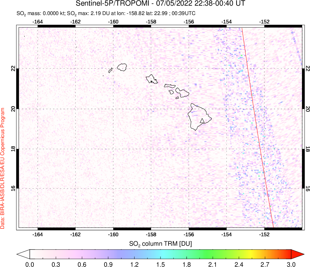 A sulfur dioxide image over Hawaii, USA on Jul 05, 2022.