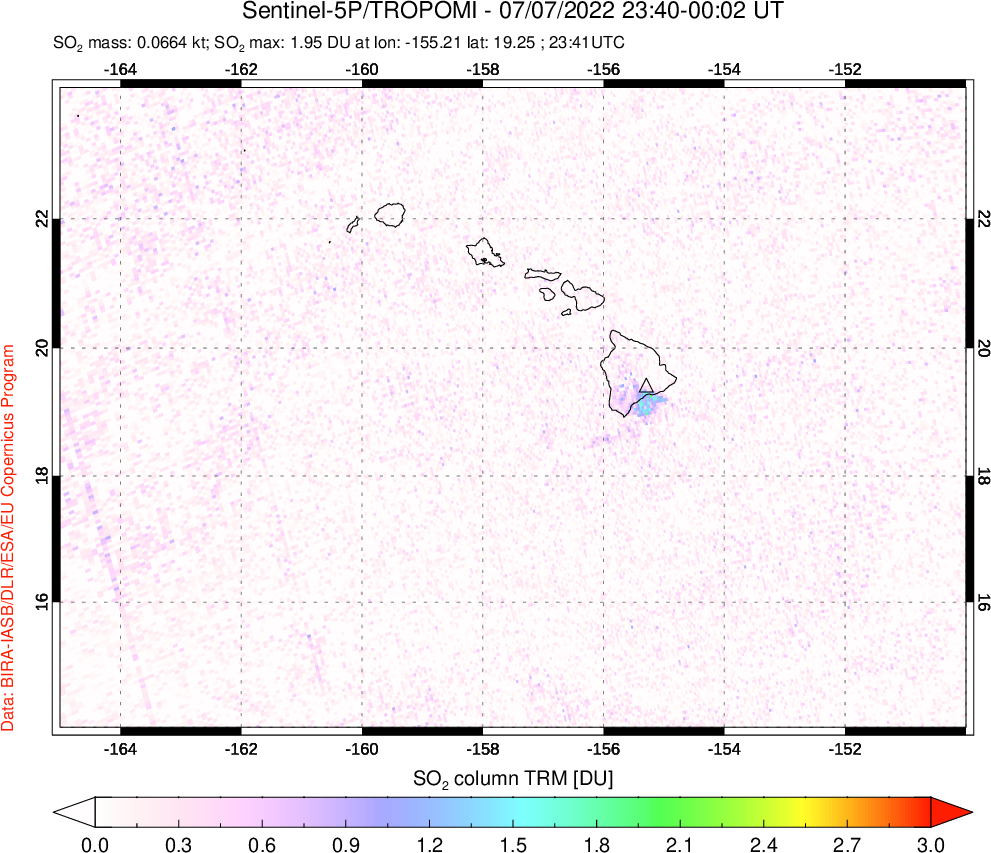 A sulfur dioxide image over Hawaii, USA on Jul 07, 2022.