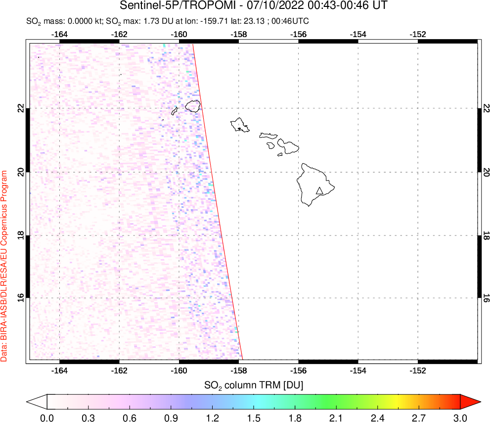 A sulfur dioxide image over Hawaii, USA on Jul 10, 2022.