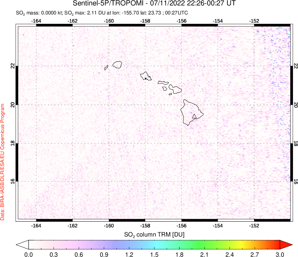 A sulfur dioxide image over Hawaii, USA on Jul 11, 2022.