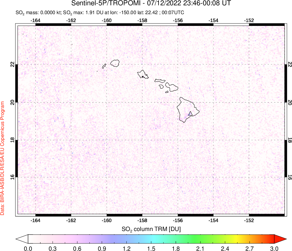 A sulfur dioxide image over Hawaii, USA on Jul 12, 2022.