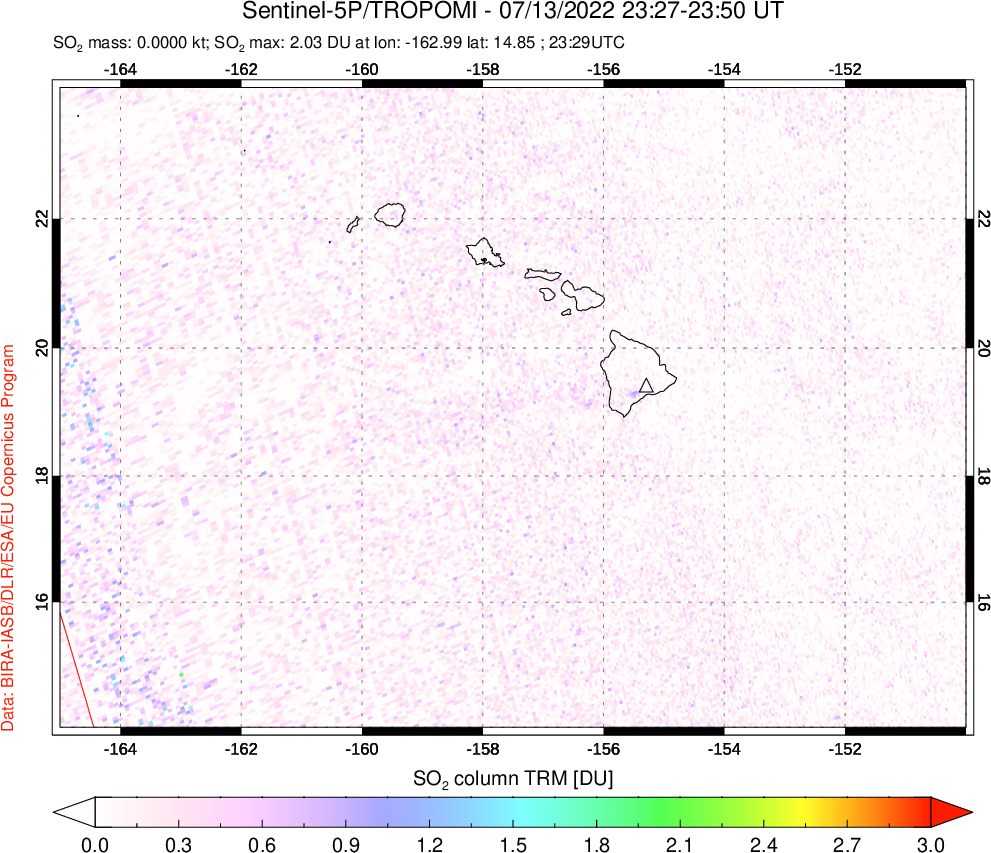 A sulfur dioxide image over Hawaii, USA on Jul 13, 2022.