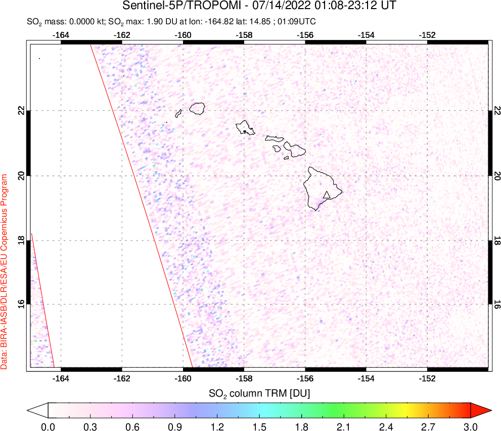 A sulfur dioxide image over Hawaii, USA on Jul 14, 2022.