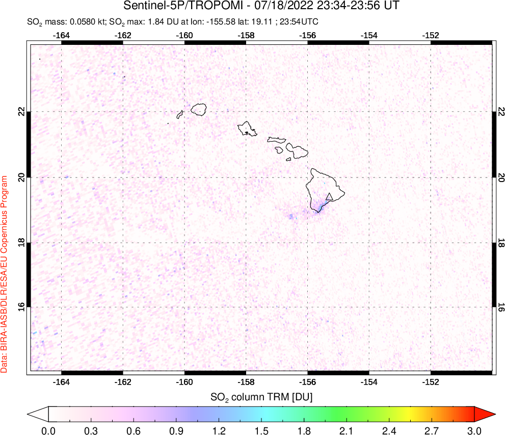 A sulfur dioxide image over Hawaii, USA on Jul 18, 2022.