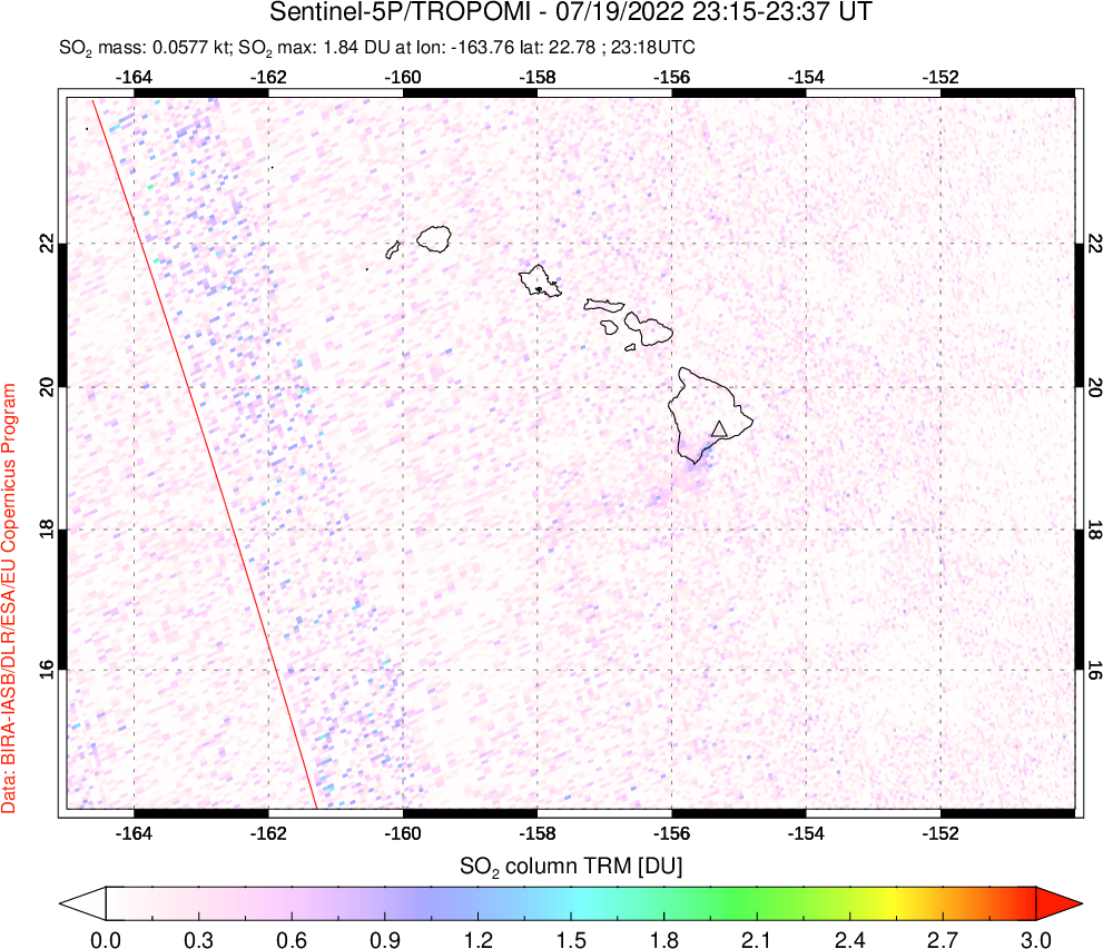 A sulfur dioxide image over Hawaii, USA on Jul 19, 2022.