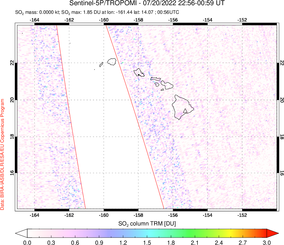 A sulfur dioxide image over Hawaii, USA on Jul 20, 2022.