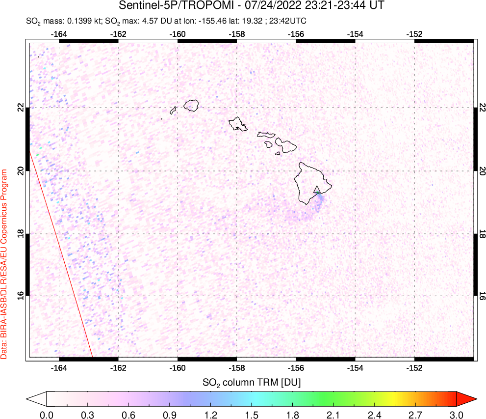 A sulfur dioxide image over Hawaii, USA on Jul 24, 2022.