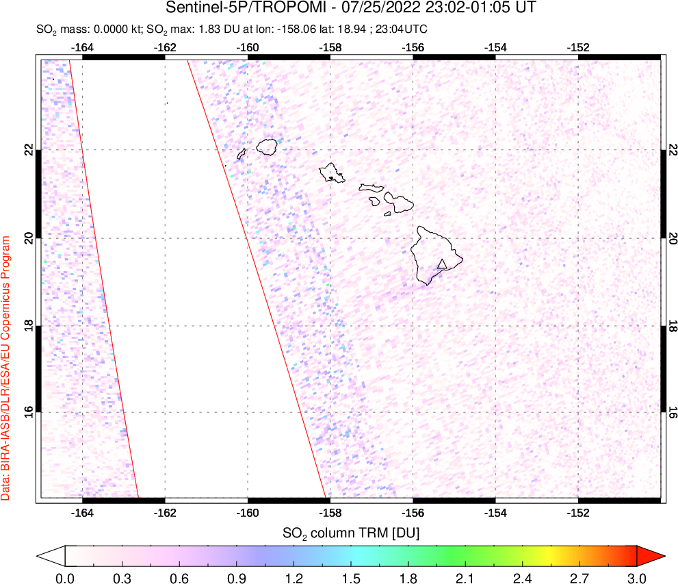 A sulfur dioxide image over Hawaii, USA on Jul 25, 2022.