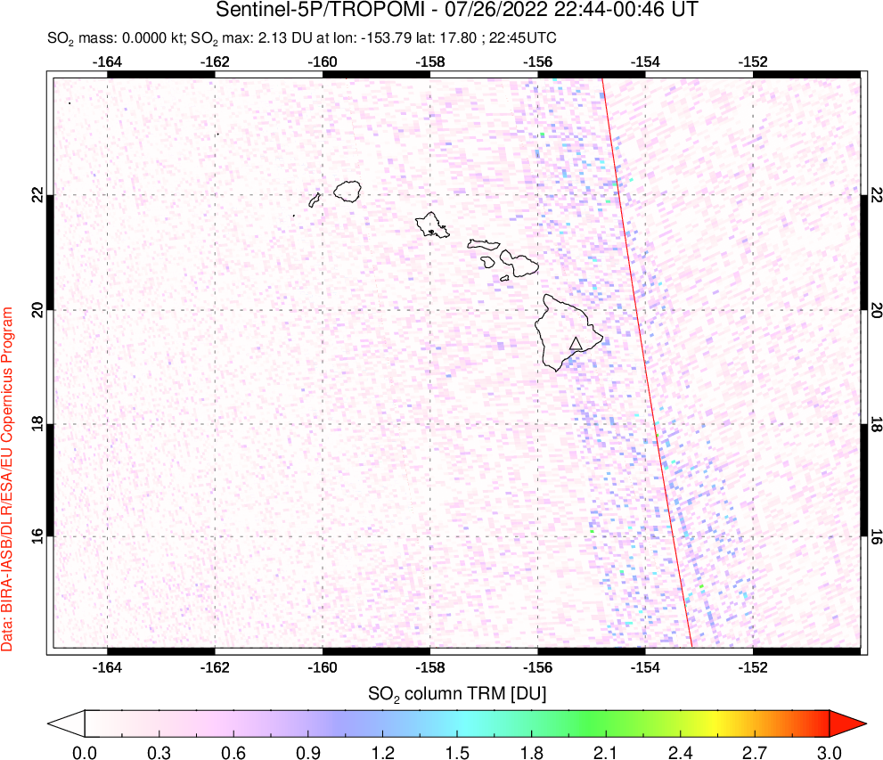 A sulfur dioxide image over Hawaii, USA on Jul 26, 2022.