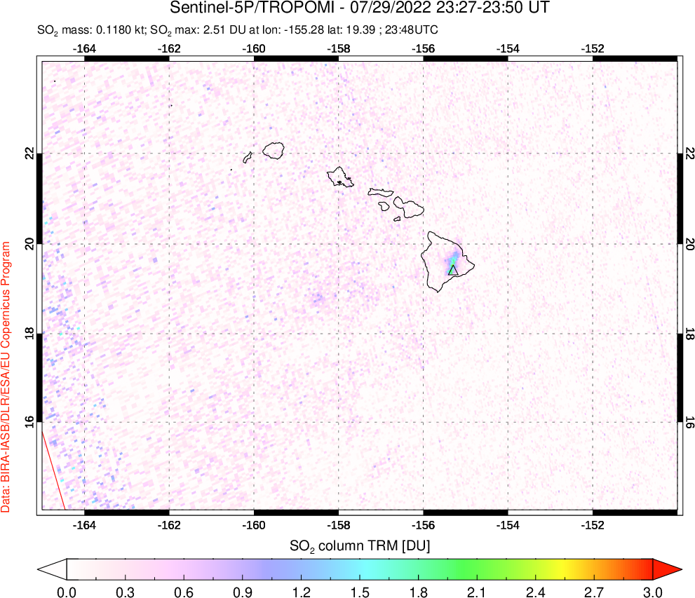 A sulfur dioxide image over Hawaii, USA on Jul 29, 2022.
