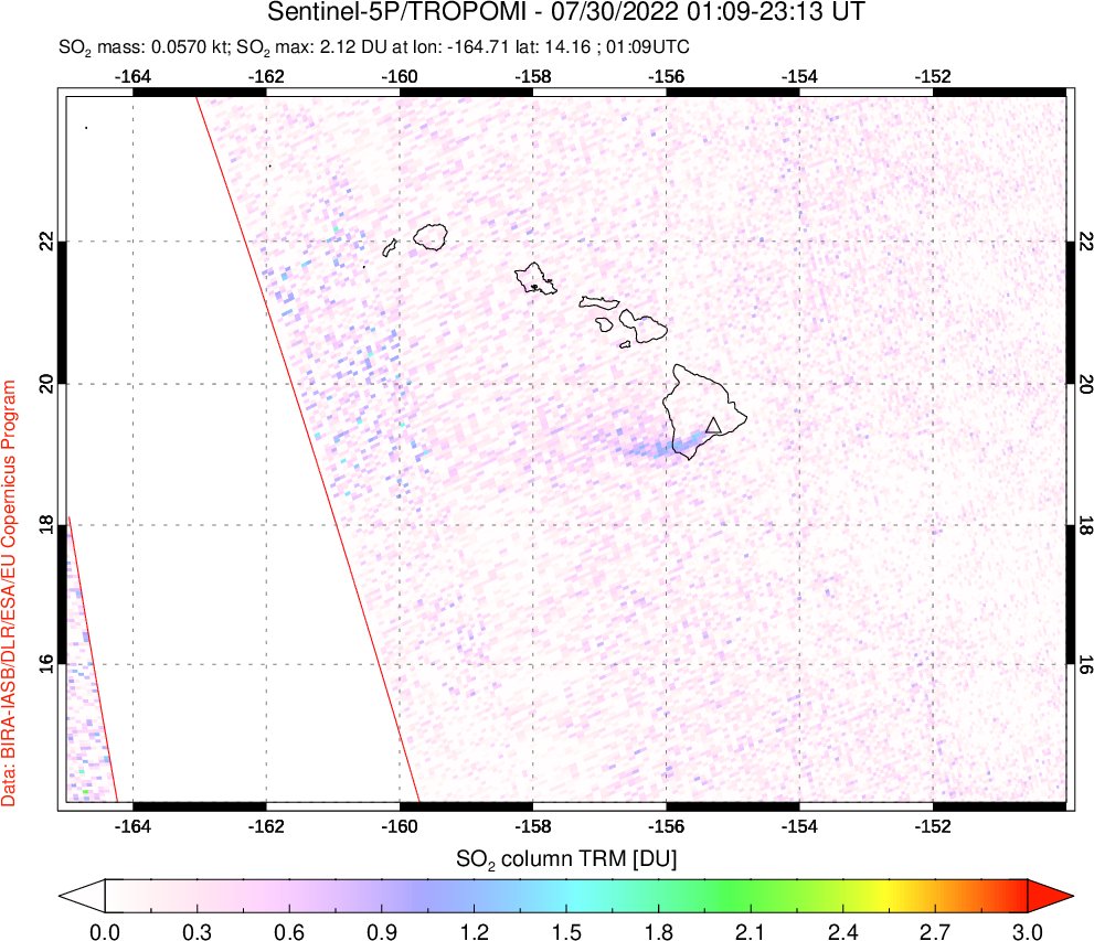 A sulfur dioxide image over Hawaii, USA on Jul 30, 2022.