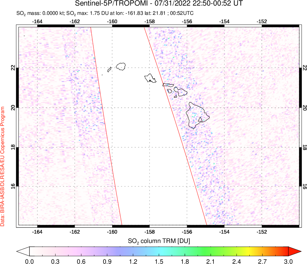 A sulfur dioxide image over Hawaii, USA on Jul 31, 2022.