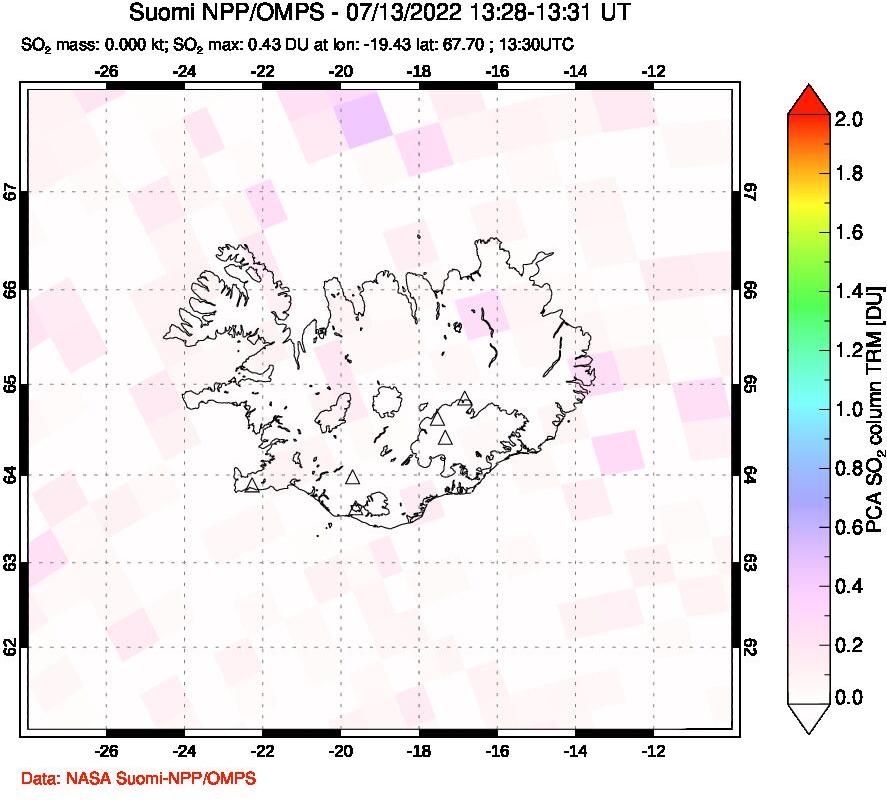 A sulfur dioxide image over Iceland on Jul 13, 2022.