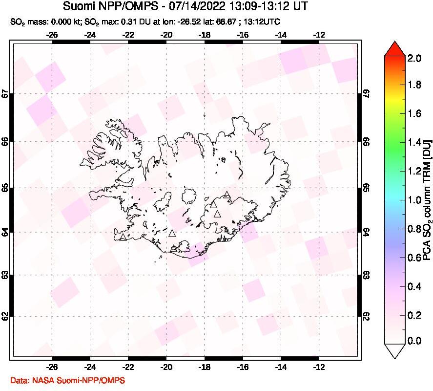A sulfur dioxide image over Iceland on Jul 14, 2022.