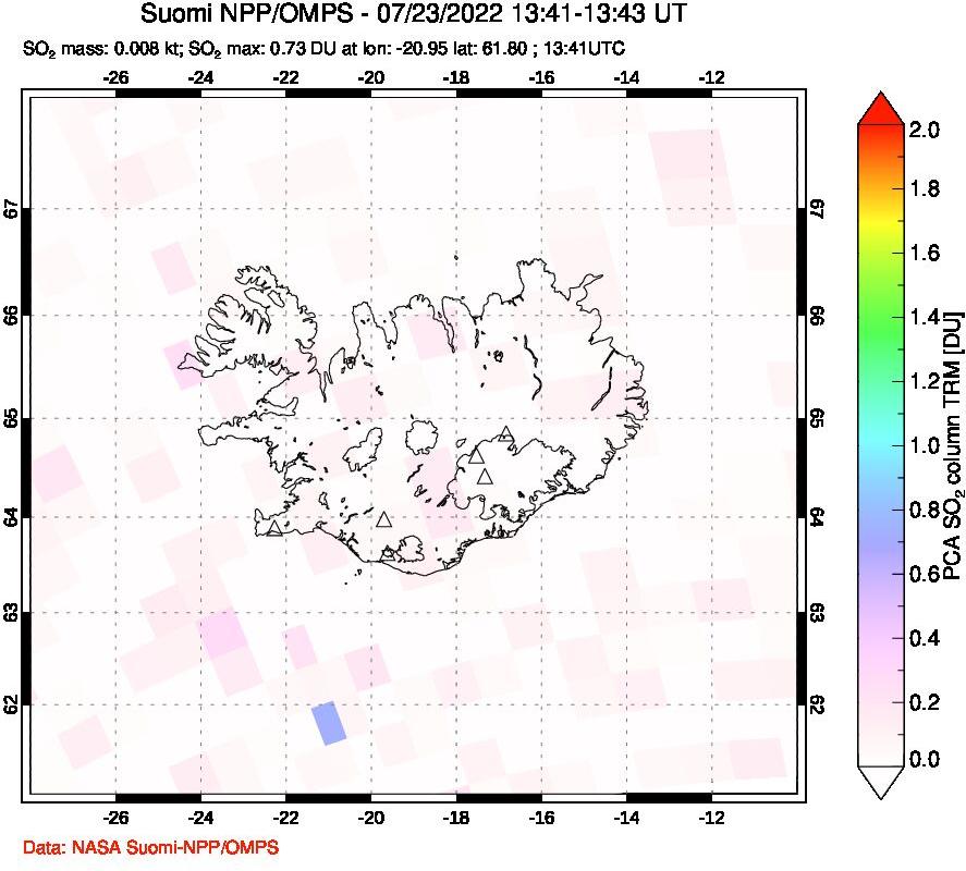 A sulfur dioxide image over Iceland on Jul 23, 2022.