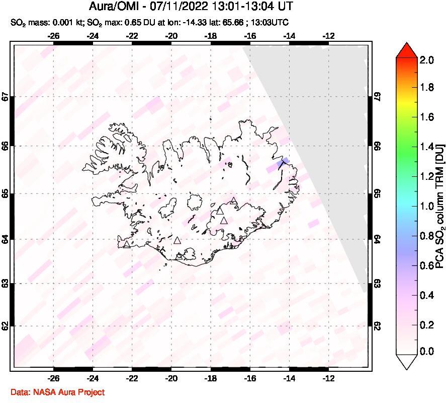 A sulfur dioxide image over Iceland on Jul 11, 2022.