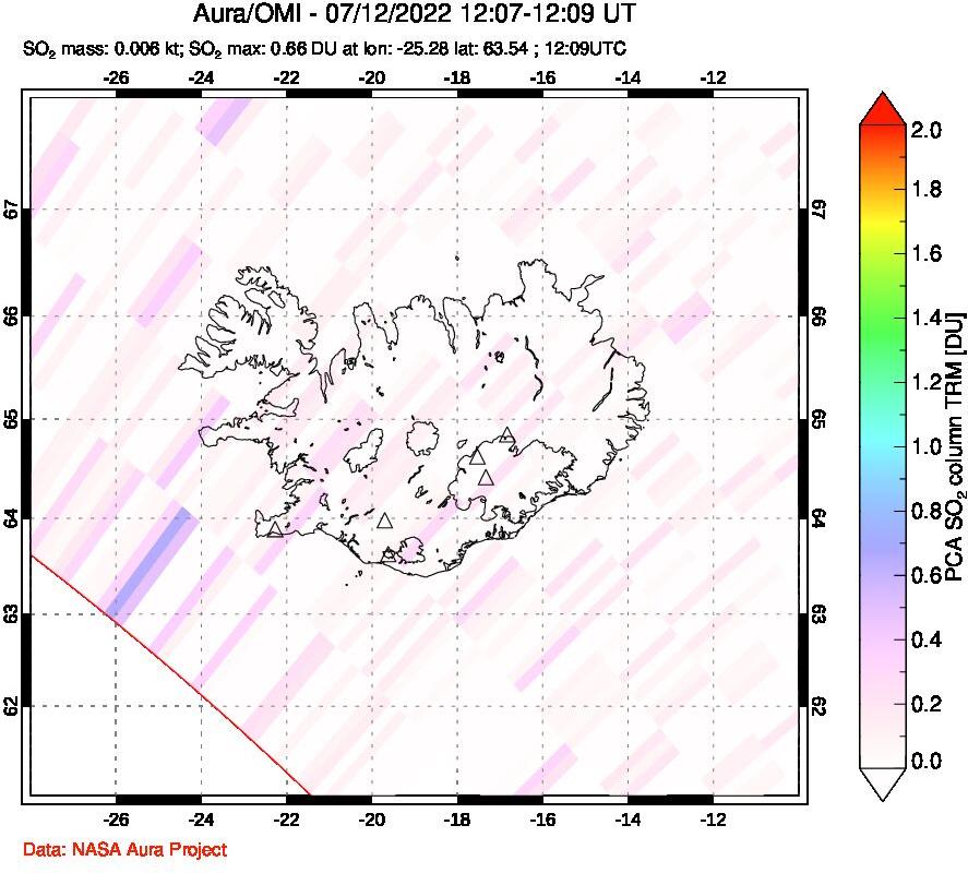 A sulfur dioxide image over Iceland on Jul 12, 2022.