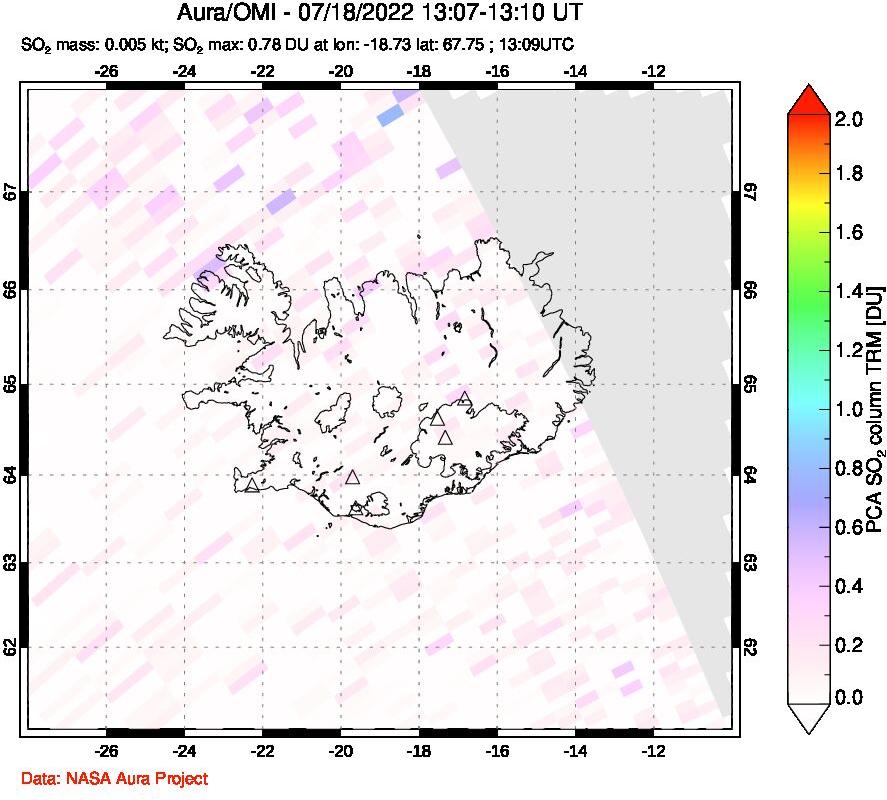 A sulfur dioxide image over Iceland on Jul 18, 2022.