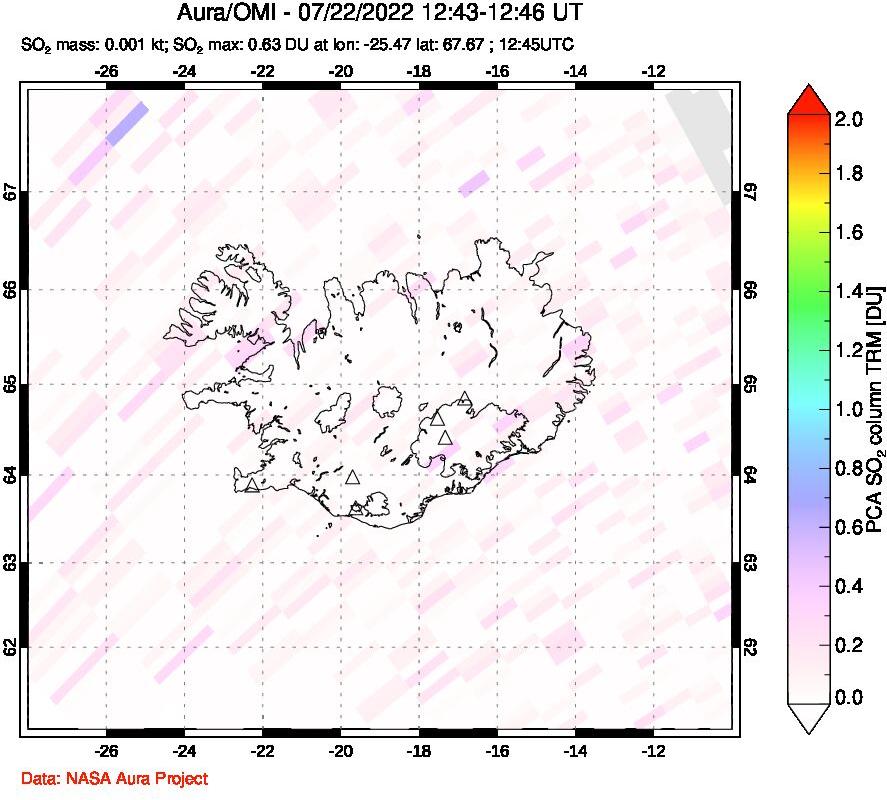 A sulfur dioxide image over Iceland on Jul 22, 2022.