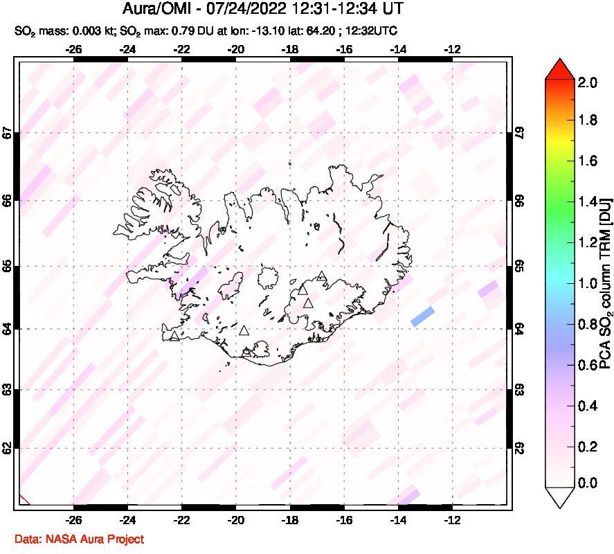 A sulfur dioxide image over Iceland on Jul 24, 2022.