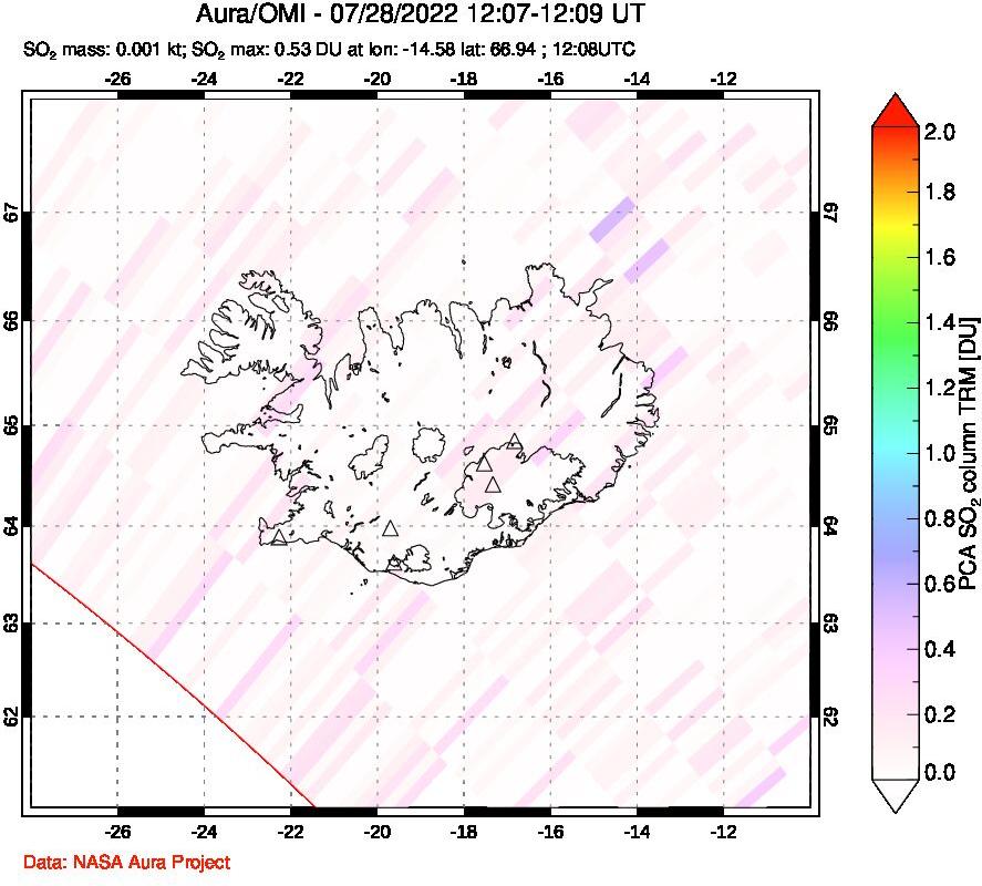 A sulfur dioxide image over Iceland on Jul 28, 2022.