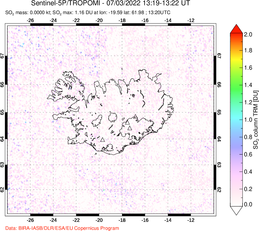 A sulfur dioxide image over Iceland on Jul 03, 2022.