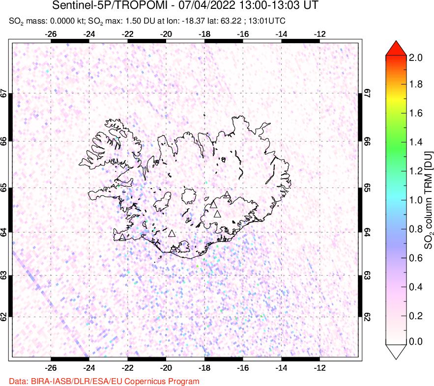 A sulfur dioxide image over Iceland on Jul 04, 2022.