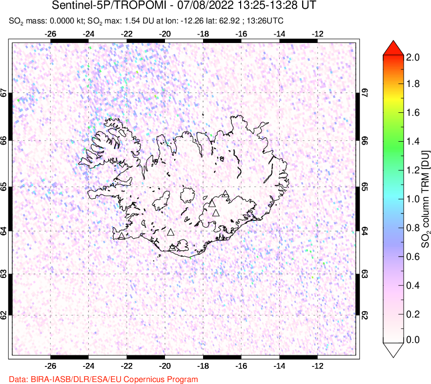 A sulfur dioxide image over Iceland on Jul 08, 2022.