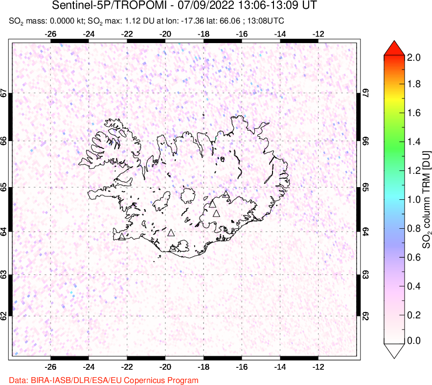 A sulfur dioxide image over Iceland on Jul 09, 2022.