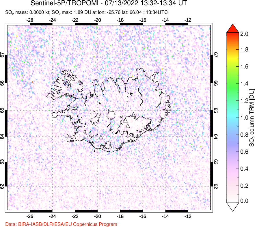 A sulfur dioxide image over Iceland on Jul 13, 2022.