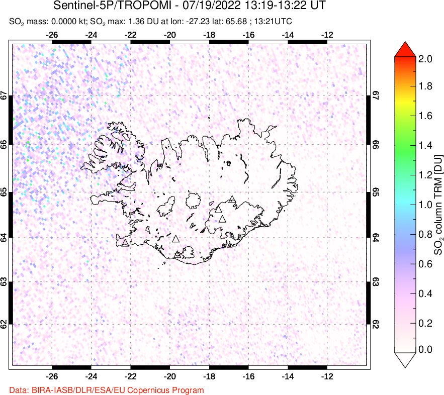 A sulfur dioxide image over Iceland on Jul 19, 2022.