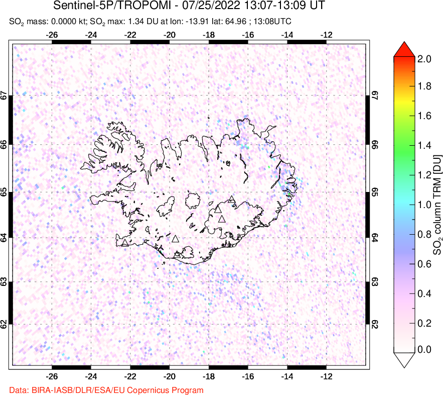 A sulfur dioxide image over Iceland on Jul 25, 2022.