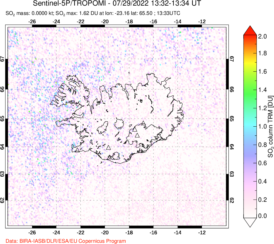 A sulfur dioxide image over Iceland on Jul 29, 2022.