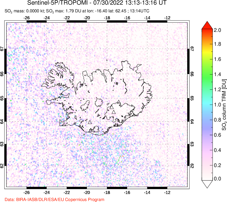 A sulfur dioxide image over Iceland on Jul 30, 2022.