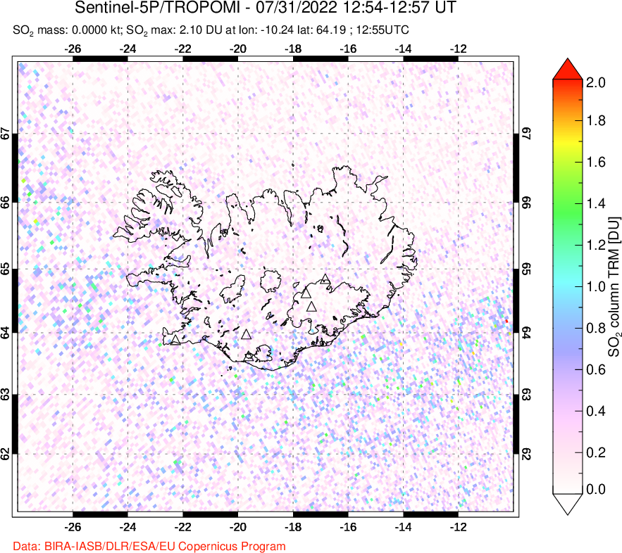 A sulfur dioxide image over Iceland on Jul 31, 2022.
