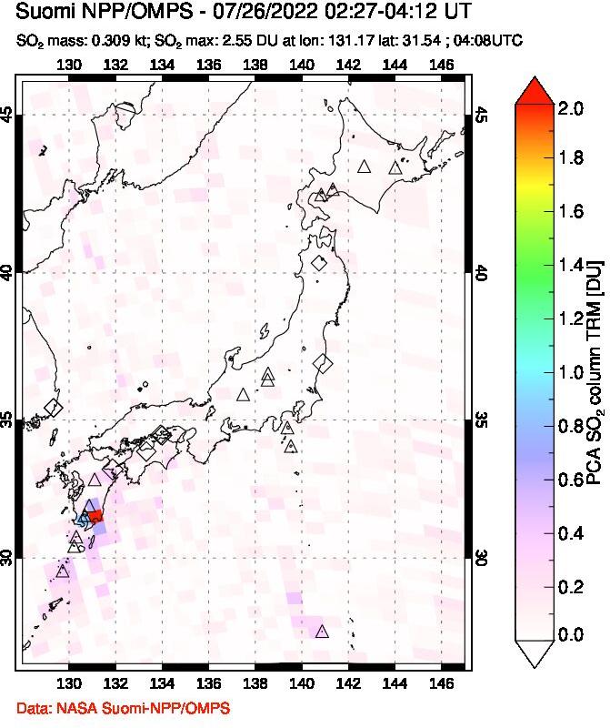 A sulfur dioxide image over Japan on Jul 26, 2022.