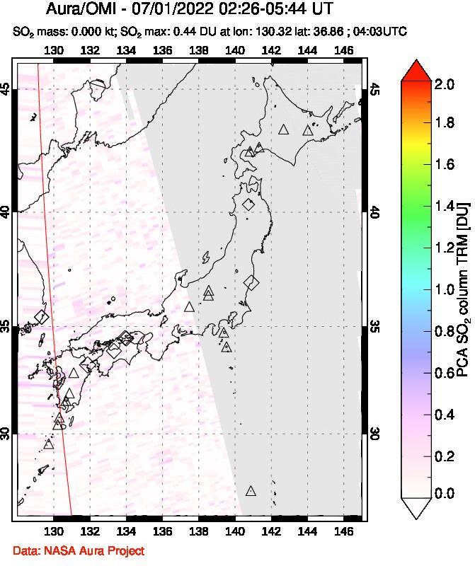 A sulfur dioxide image over Japan on Jul 01, 2022.