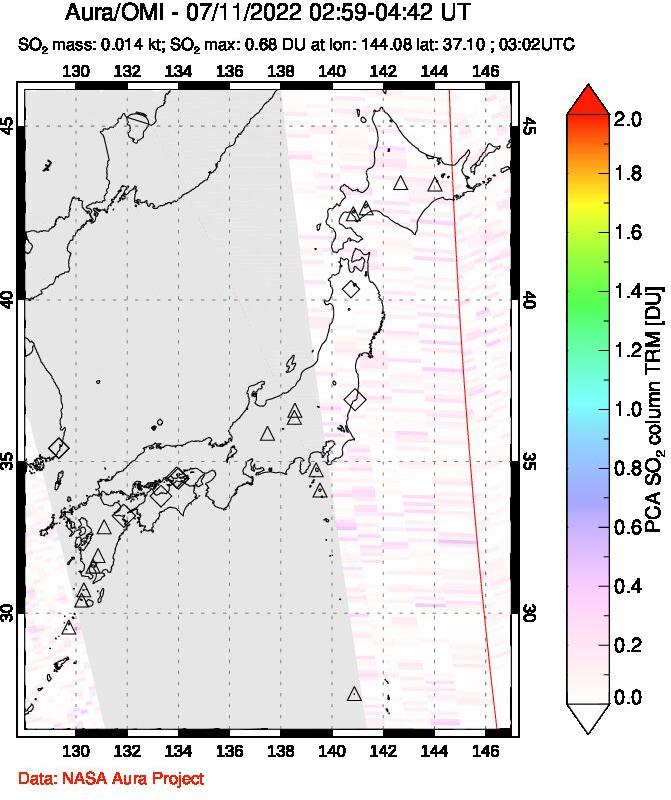 A sulfur dioxide image over Japan on Jul 11, 2022.